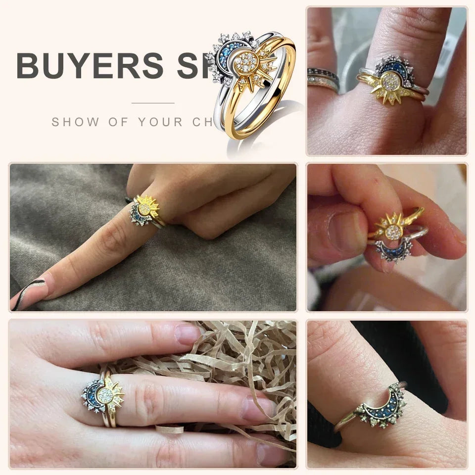 Summer Celestial Blue Sparkling Moon Sun Ring For Women Cocktail Stackable Finger Band Fashion Silver 925 Fine Jewellry Crystal Summer Celestial Blue Sparkling Moon Sun Ring For Women Cocktail Stackable Finger Band Fashion Silver 925 Fine Jewellry Crystal